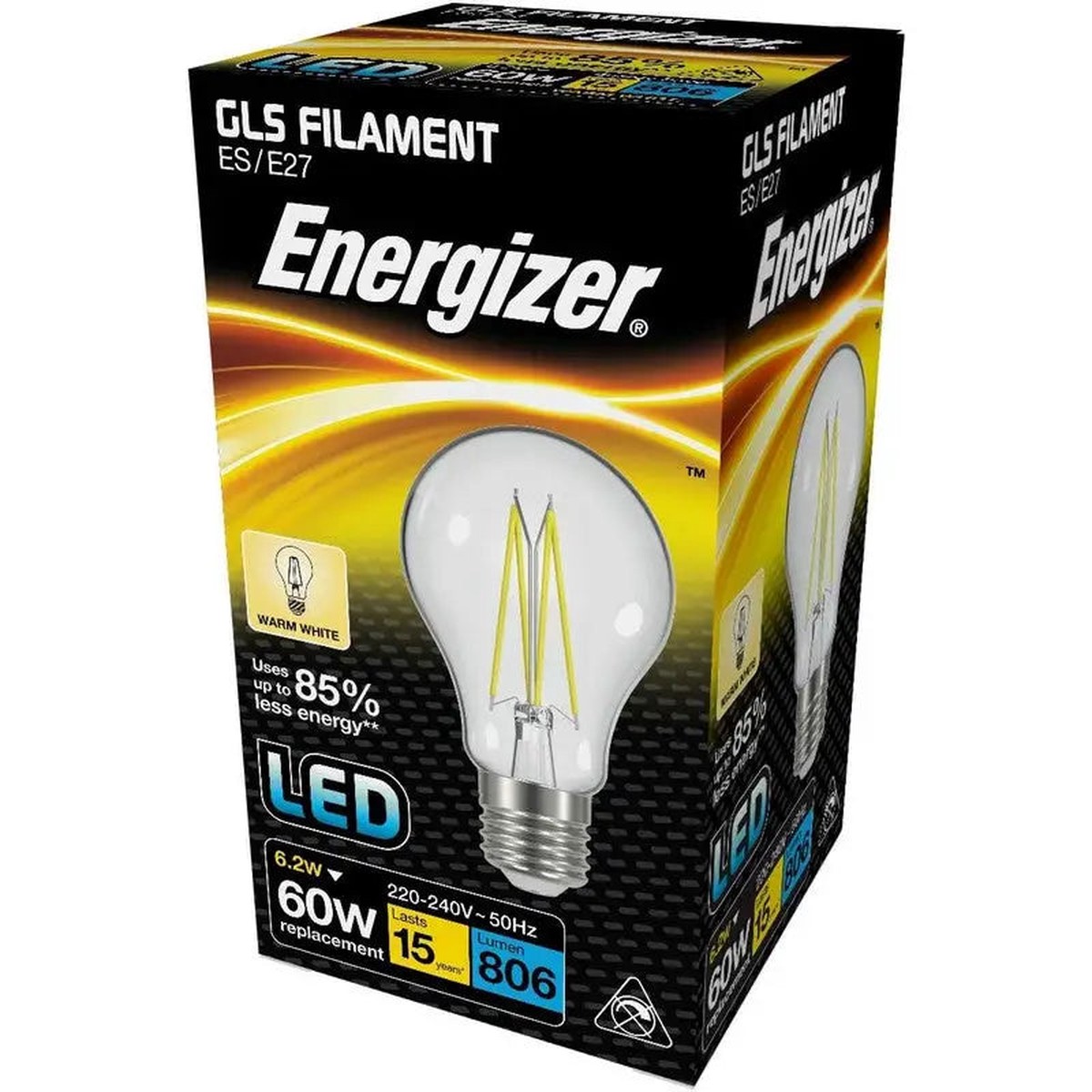 Energizer Led GLS Filament 6.2W = 60W ES E27 Bulb - Warm White
