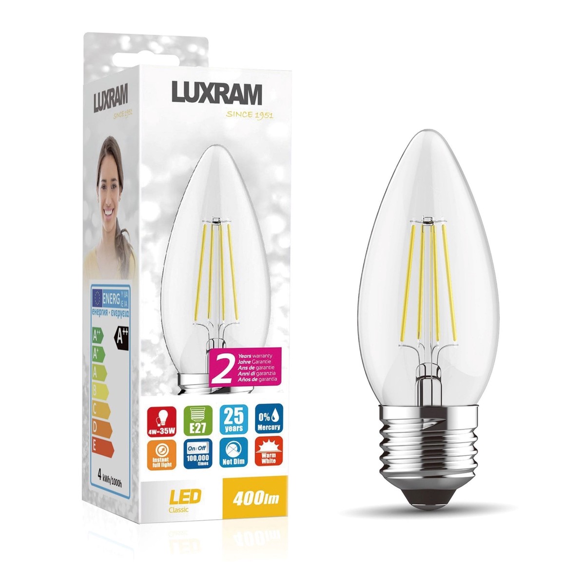 Classic E27 Warm White LED Candle 4W 2700K 400lm