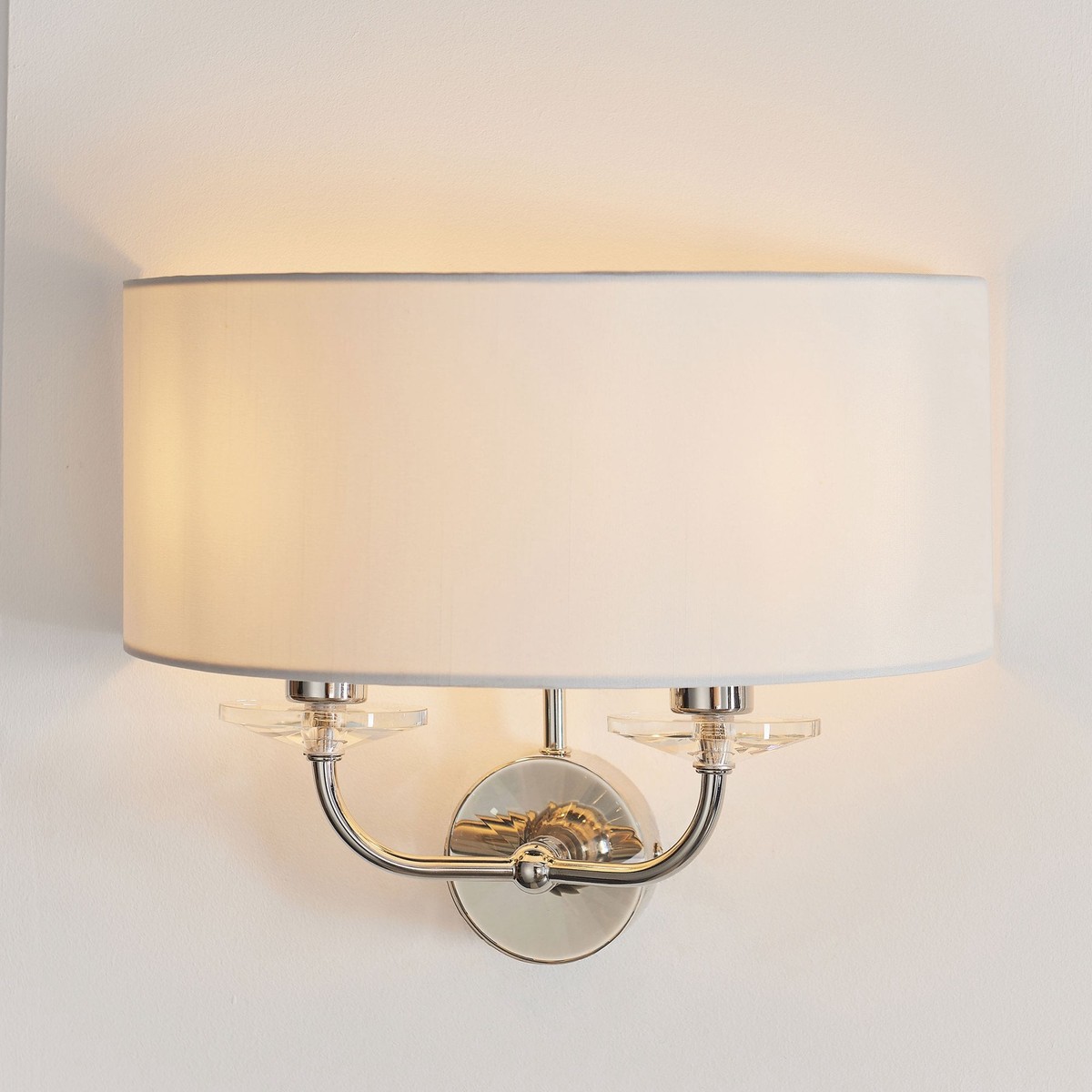 Nixon 2 Light Bright Nickel and Crystal Wall Light with Vintage White Shade