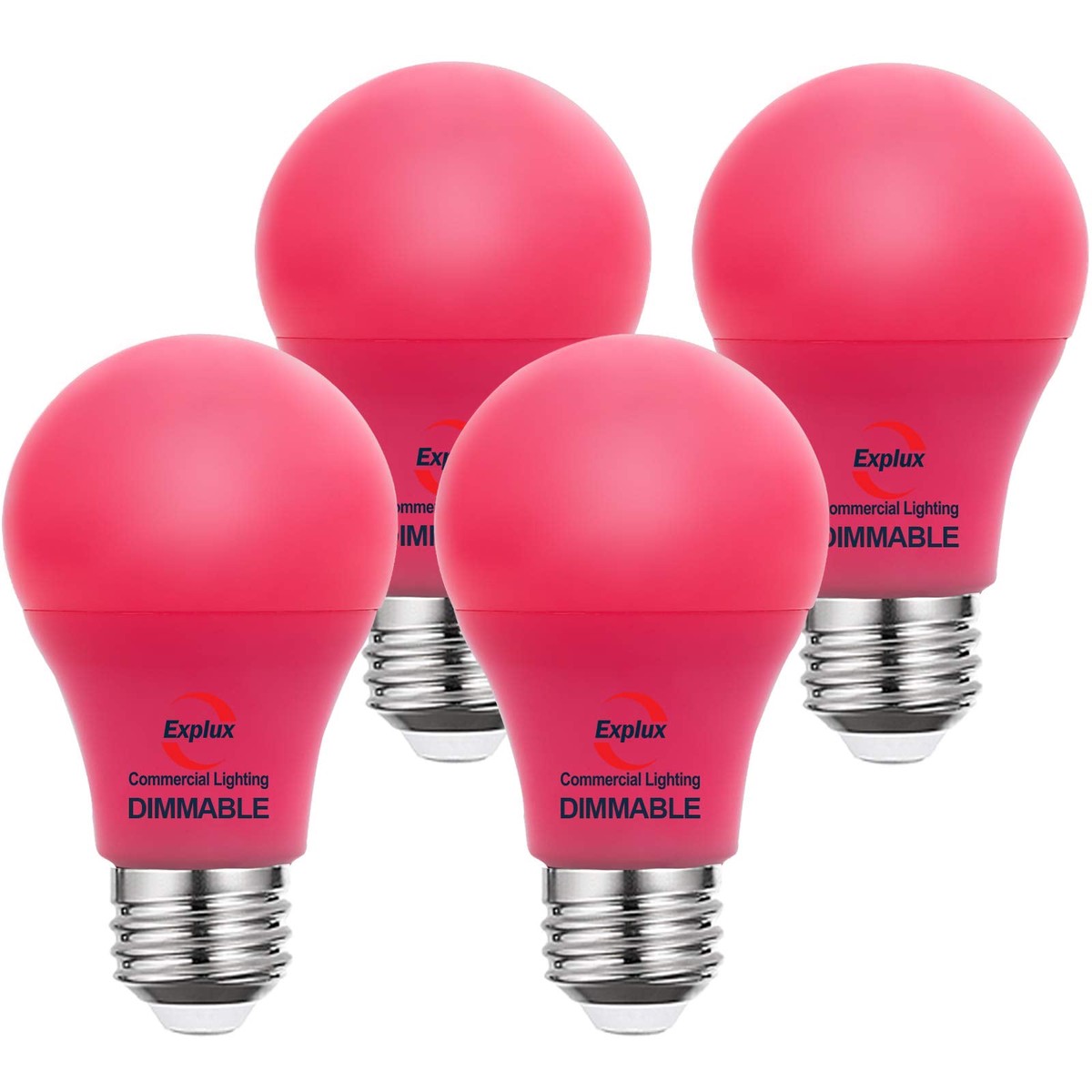 Explux Commercial Lighting Dimmable Led A19 Pink Light Bulbs, 60W Equivalent, Direct Led Color Emission, 25000 Hours, 4-Pack