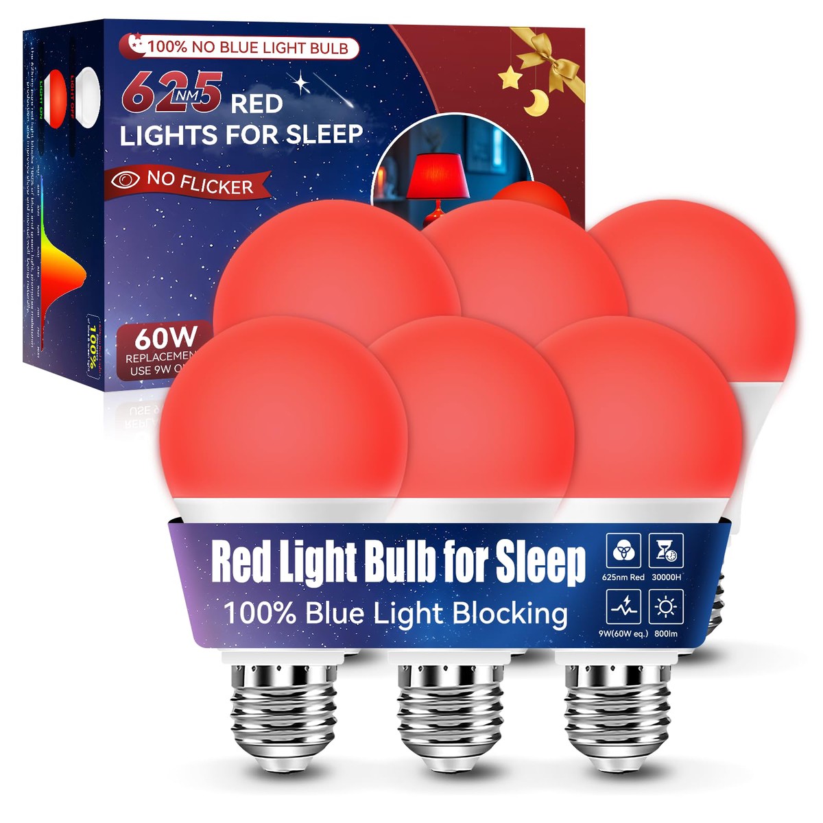 Neporal Red LED Light Bulbs, 9W (60W Equivalent), 100% Blue Light Blocking, 6 Count, A19 for Sleep and Reading