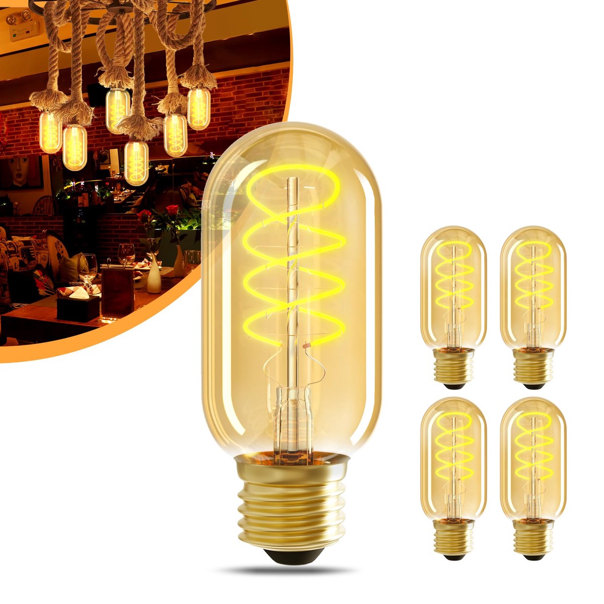 Nuodifan 4-Pack Vintage Led Edison Bulbs, Amber Glass 4W (40W Equivalent) 110V Spiral Antique Led Filament Bulb, 2700K Warm Whit