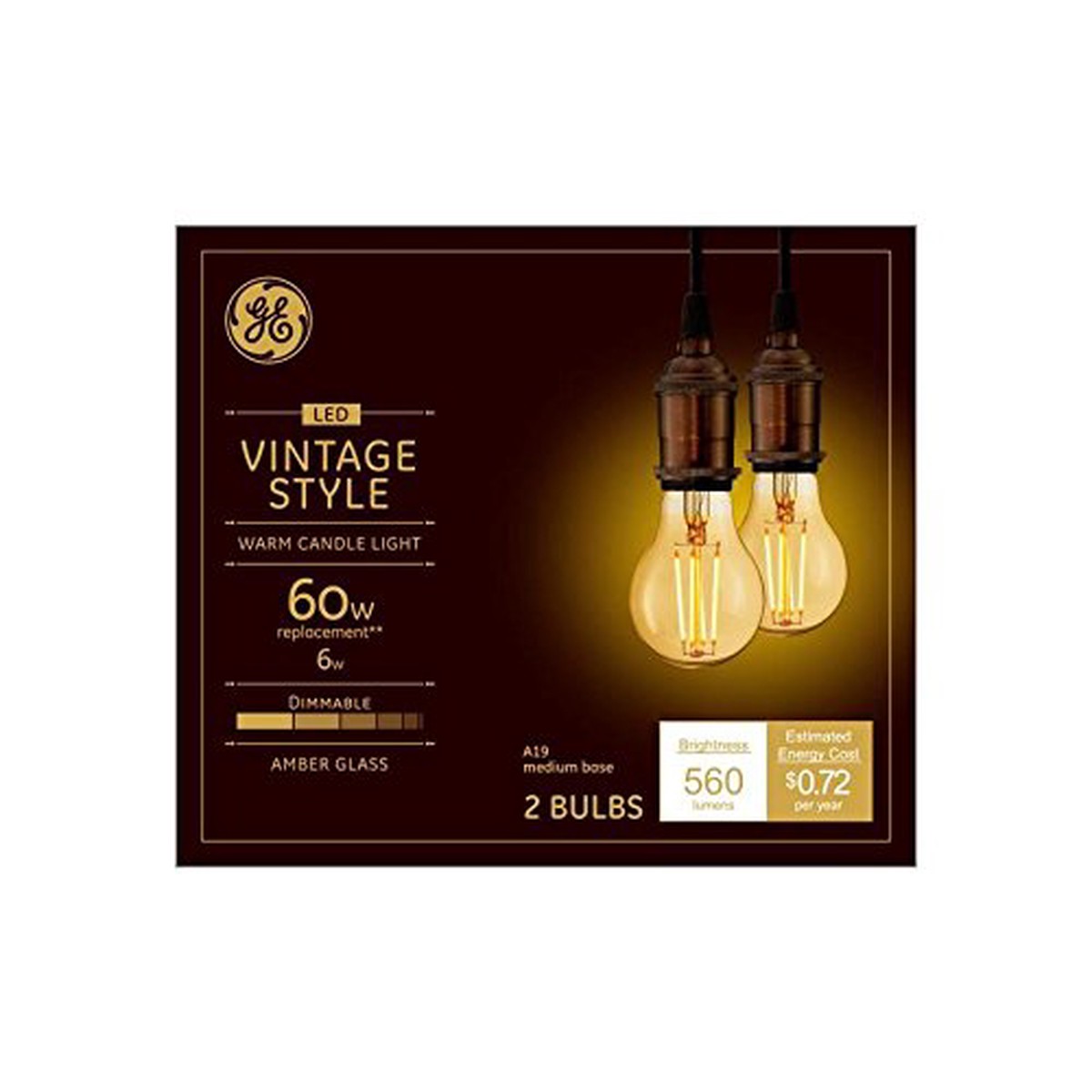 (2 bulbs) GE 48556 Vintage Style, Amber Glass A19 LED Light Bulb, 60 watt equivalent, 560 lumens, medium base, Dimmable